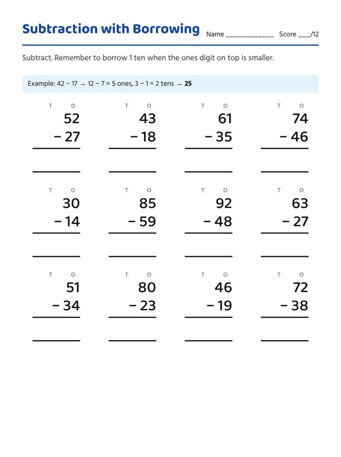 The page a parent snapped: subtraction with regrouping, grade 2 · two-digit