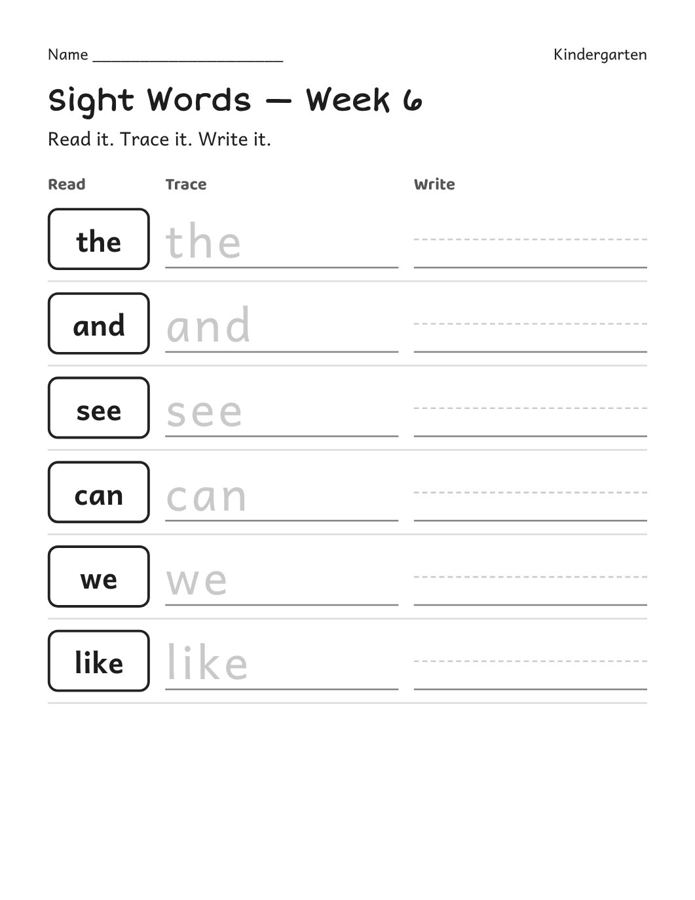 The page a parent snapped: sight words, kindergarten · read, trace, write
