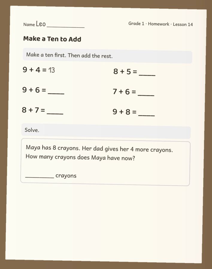 The page a parent snapped: math homework, grade 1 · make a ten to add